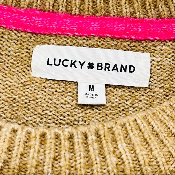 Lucky Brand Fairisle Crew Neck Stretch Knit Camel Sweater Pullover Stretchy Cute - Picture 6 of 9